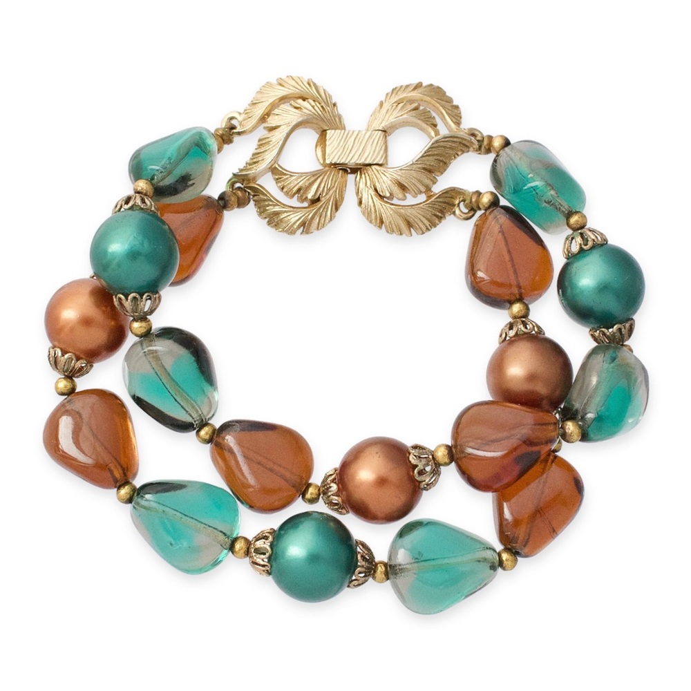 Vintage Crown Trifari Art Glass & Faux Pearl Bracelet Beaded Double Strand